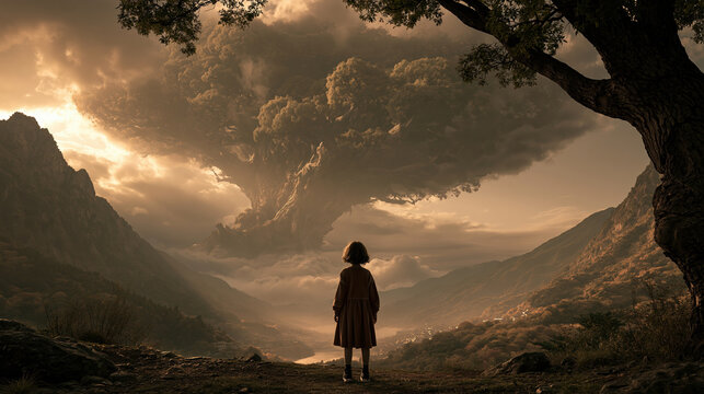 Outdoor adventure explore. A vivid portrayal of a solitary figure standing on a rocky outcrop, overlooking a vast landscape. The figure, facing away from the viewer, wears a long.