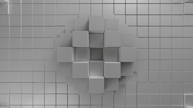 Abstract white moving cubes background. Animated dynamic pattern. Abstract blank background. Squares tech pattern. random waving motion background. Bright mosaic motion pattern. 4K 3D animation 