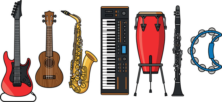 Musical Instruments Vector Icon Set with Electric Guitar Ukulele Saxophone Electronic Keyboard Synthesizer Conga Drum Clarinet and Tambourine Graphic Design