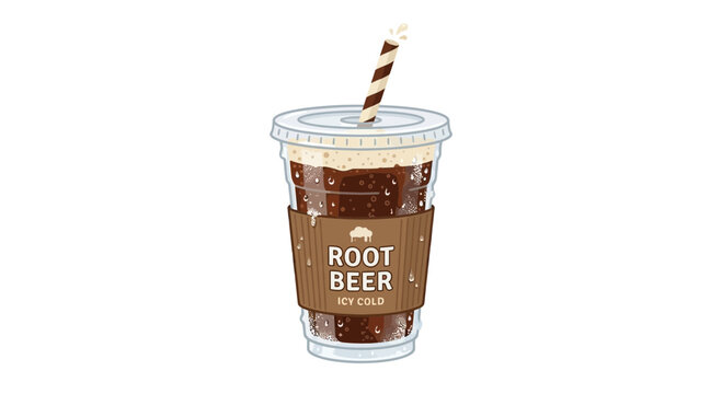 Summer refreshing root beer in a plastic cup with a striped straw