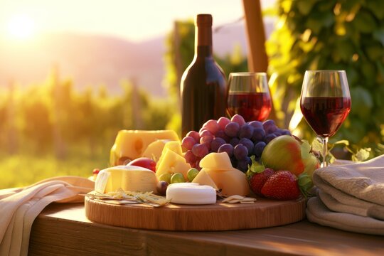 Romantic Wine Tasting Picnic Set Against Scenic Vineyard Background During Golden Sunset