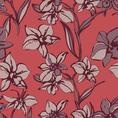 Modern vector seamless pattern with botanical orchid line art. Elegant hand-drawn sketch floral background in terracotta red and dusty rose tones. © deepika