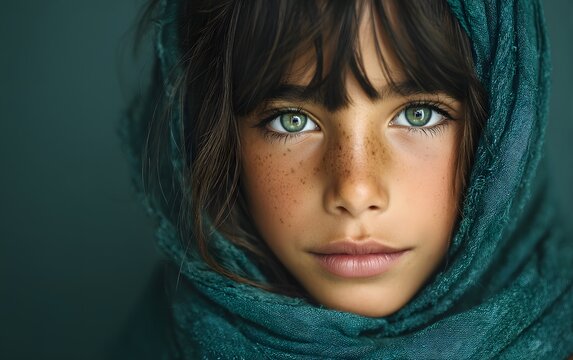 Close up portrait of beautiful young girl with striking green eyes and freckles wearing green headscarf.