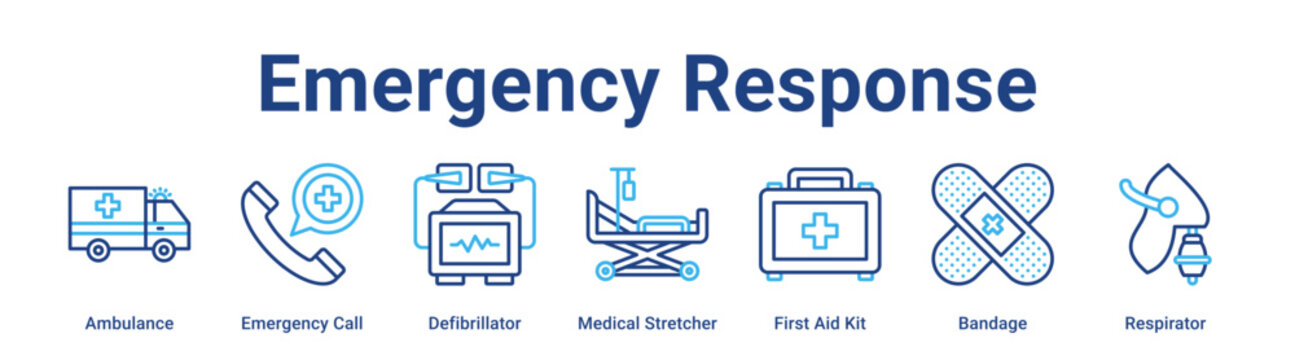 Emergency Response web banner icon vector illustration concept for medical with icon of Ambulance, Emergency Call, Defibrillator, Medical Stretcher, First Aid Kit.