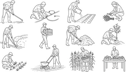 Obraz premium Agriculture Farming Workers Line Icons Collection with Cultivation Planting Harvesting and Garden Maintenance