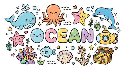 Fototapeta premium Cute Cartoon Ocean Animals and Underwater Elements Doodles Collection.
