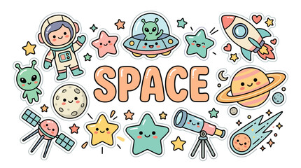 Fototapeta premium Cute Cartoon Space Doodle Set with Astronaut and Planets.