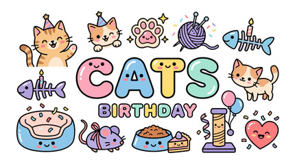 Obraz premium Cute hand drawn cats birthday party doodle set.