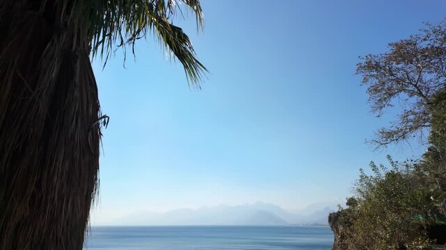 Calm antalya sea view framed by palm tree trunk with distant taurus mountains.