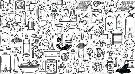 Comprehensive plumbing and utility infrastructure doodle icons with plumbing infrastructure maintenance industrial technical engineering ventilation equipment illustration resource © Kanon Islam