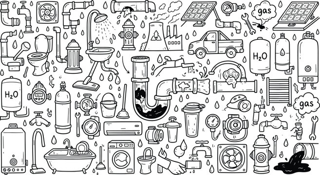 Comprehensive plumbing and utility infrastructure doodle icons with plumbing infrastructure maintenance industrial technical engineering ventilation equipment illustration resource