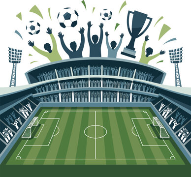 Sports stadium celebration with trophy and cheering crowd during championship match vector illustration