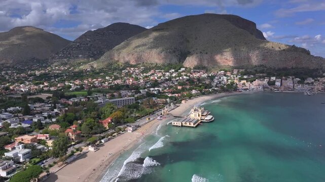 Mondello Beach near Palermo. Drone footage of Spiaggia di Mondello in Palermo, Sicily, Italy. Turquoise sea, sandy Beach