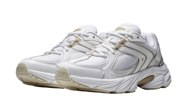 Isolated pair of stylish white chunky athletic sneakers with subtle beige details for fashion
