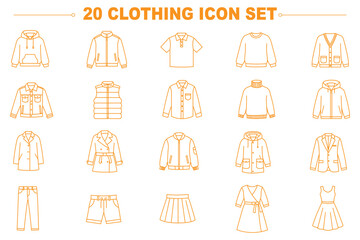 Fototapeta premium Clothing outline vector icon set with shirts, jackets, pants and fashion apparel line collection