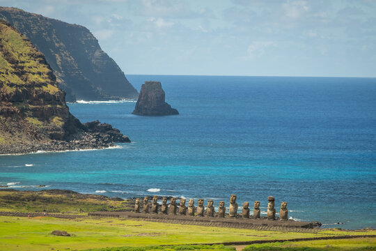 Ahu Tongariki Moai on Rapa Nui island set against blue sea