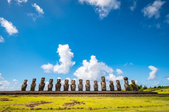 Ahu Tongariki Moai on Rapa Nui island set against blue sky