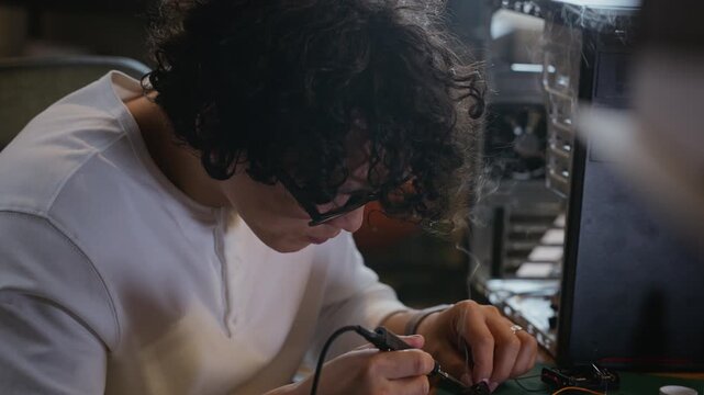 Asian young adult man soldering electronic components on circuit board at workshop desk. Video ideal for promoting engineering courses, hardware repair services, or STEM education