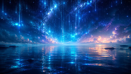 Fototapeta premium Glowing starry sky over calm ocean with blue cosmic light trails reflections and colorful clouds for dreamy night seascape fantasy horizon scene