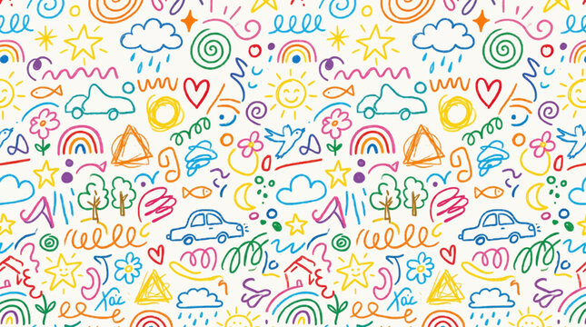 Fun colorful line doodle seamless pattern. Creative minimalist style art background for children or trendy design with basic shapes and simple childish scribble backdrop