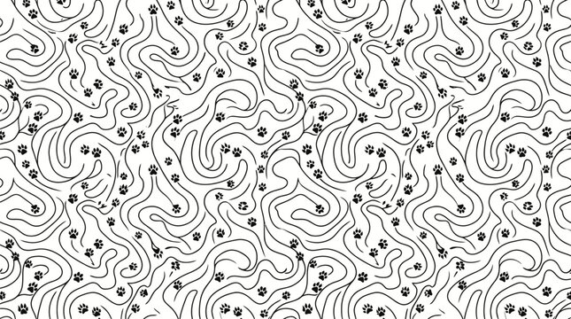 Wavy lines forming animal paths seamless pattern vector abstract background with cute paw print elements
