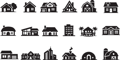 Fototapeta premium House Silhouettes Black Flat Icons On White Background