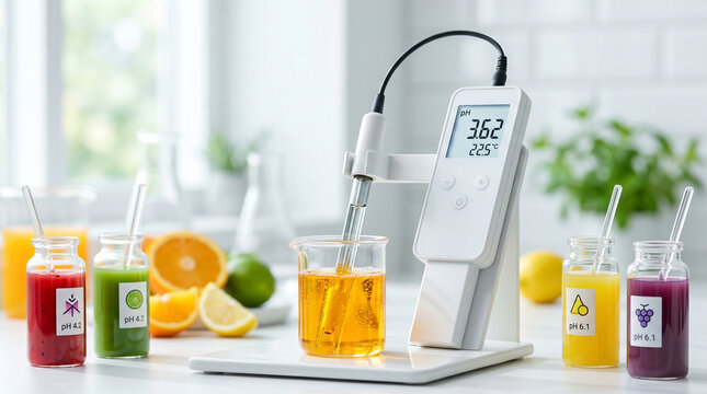 pH meter testing liquid acidity with colorful juice samples in kitchen  