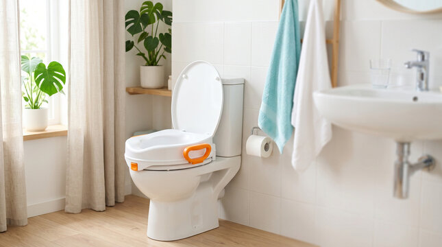 Raised toilet seat lid in modern bathroom with plants and towels  
