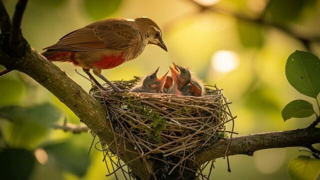 Mother bird feeding her eager chicks in a cozy nest surrounded by lush green foliage nature wildlife