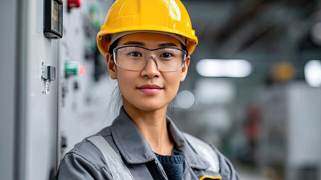 Confident Asian female electrician works inside modern electrical installation room with safety gear and tools in bright clean environment