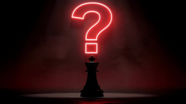 Lone chess king piece illuminated by glowing red question mark symbolizing mystery and strategy
