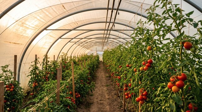 Organic tomato plants growing in polytunnel greenhouse, rows of ripe red tomatoes on vertical vines at local farm during sunset
