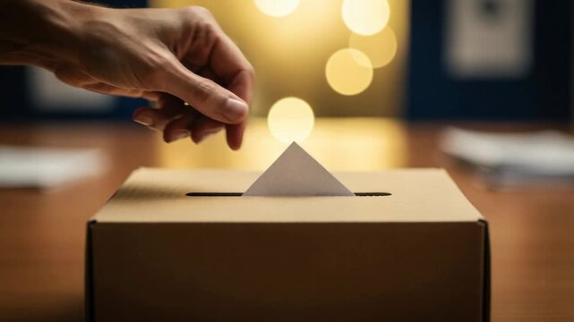 Hand placing a ballot into a cardboard box during election with warm lighting
