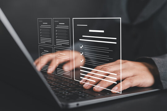 Businesswoman showing online document validation icon, Concepts of practices and policies, company articles of association Terms and Conditions, regulations and legal advice, corporate policy.