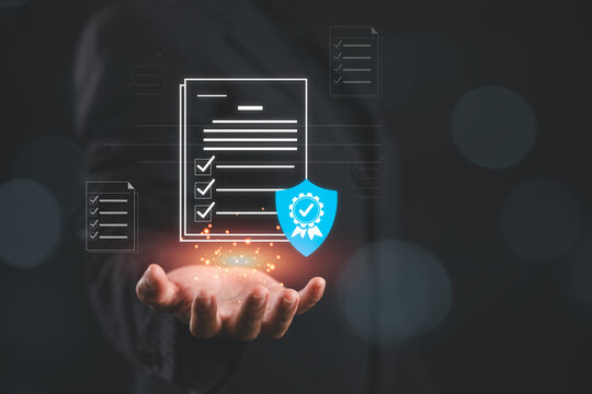 Businesswoman checking steps through document with a list of checkboxes ,regulation ,practices and policies ,Terms and conditions ,Examination of ethical rules ,Evaluate quality and efficiency
