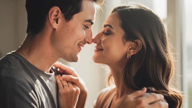 Tender romantic moment couple lovingly gazing into each others eyes with warm smiles