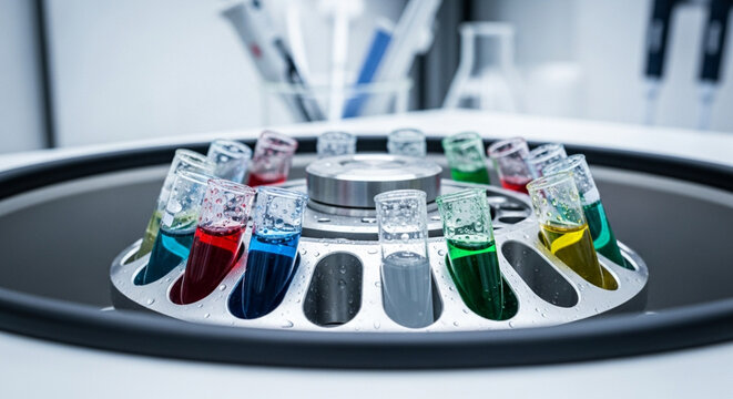 Laboratory Centrifuge with Colorful Samples in Test Tubes - Science Research