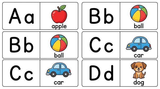 Alphabet flashcards, educational cards, letters Aa Dd, colorful illustrations, apple, ball, car, dog