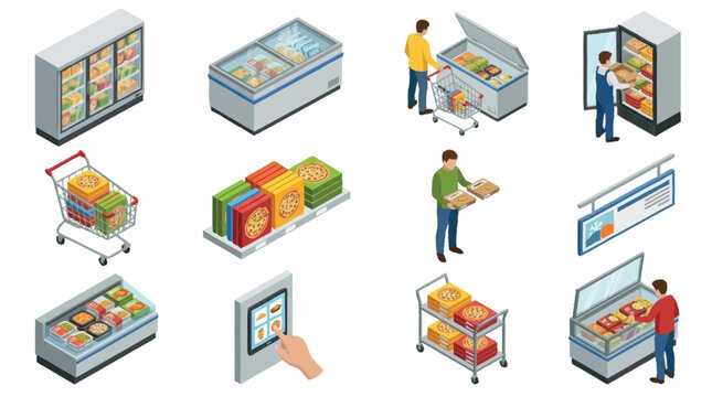 Isometric illustration of grocery shopping and supermarket activities.