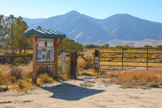 Carson City, Nevada, USA - March 26th, 2025: Bently Heritage Trail signage and gate at trailhead.
