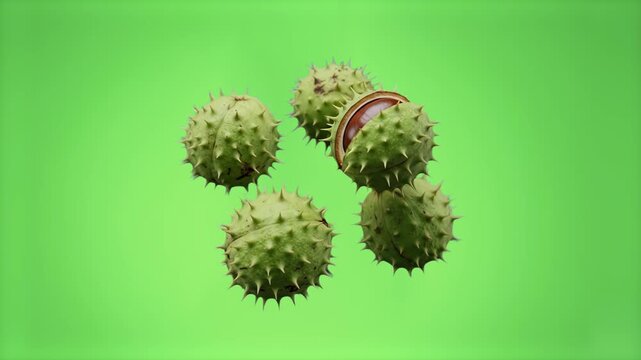 Spiky green horse chestnuts in spiny shells floating and falling through the air, isolated on a chroma key green screen background. Perfect for autumn seasonal promos, nature documentaries, botanical 