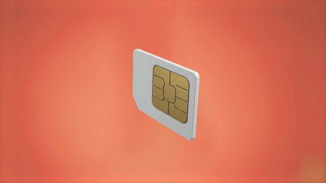 A high-quality 3D render of a blank white mobile SIM card showcasing its gold contact microchip, isolated on a solid soft orange backdrop. Excellent for telecommunication brand campaigns, mobile servi