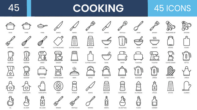 Cooking line icons set, 45 kitchen tools and culinary equipment vector symbols, minimalist restaurant utensil collection for menu design and food apps