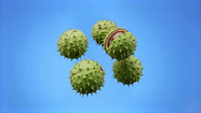A detailed 3D illustration of several green spiky horse chestnuts levitating or falling mid-air, with one partially open revealing the brown nut inside, isolated against a solid light blue background.