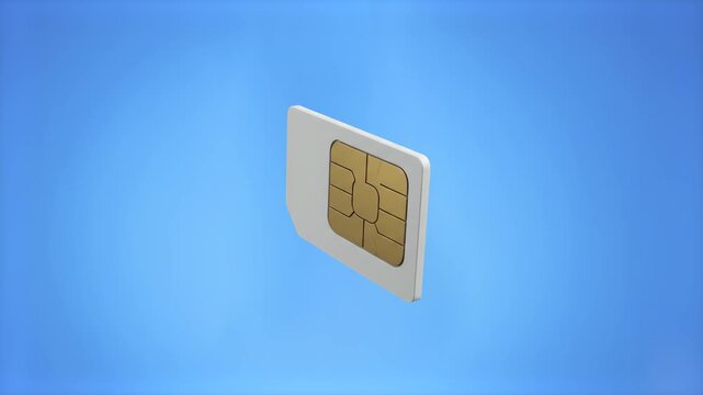 A clean 3D rendering of a standard white mobile phone SIM card with a detailed golden electronic microchip, floating at an angle against a solid blue backdrop. Perfect for telecommunications marketing