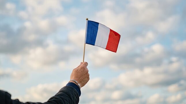 Hand holding a small French flag against clouds.