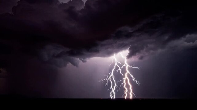 Dramatic night storm with intense lightning bolts striking the ground in a powerful thunderstorm
