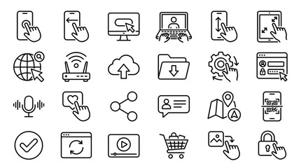 Fototapeta premium Modern technology line icons set, 24 digital interface and web navigation vector symbols, black outline internet and mobile app UI elements