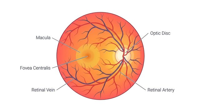 Fundus view of human retina illustrating optic disc macula and branching blood vessels.