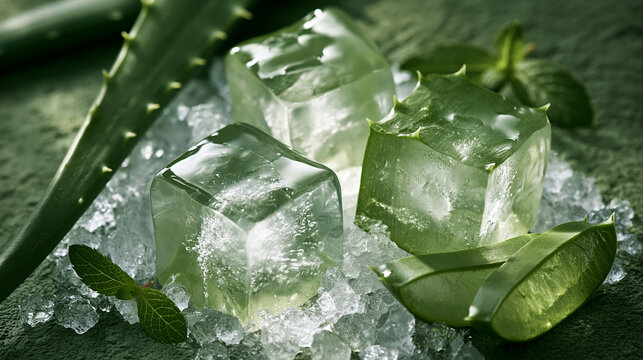 Translucent aloe vera cubes on crushed ice with fresh leaves